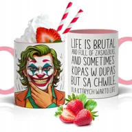 Kubki - KUBEK BIAŁO-RÓŻOWY PREZENT DO PRACY LIFE IS BRUTAL AND FULL ZASADZKAS WZORY - miniaturka - grafika 1