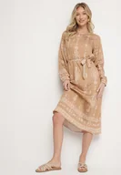 Sukienki - Beżowa Sukienka we Wzory Boho Pudełkowa z Paskiem w Talii Lisanea - miniaturka - grafika 1