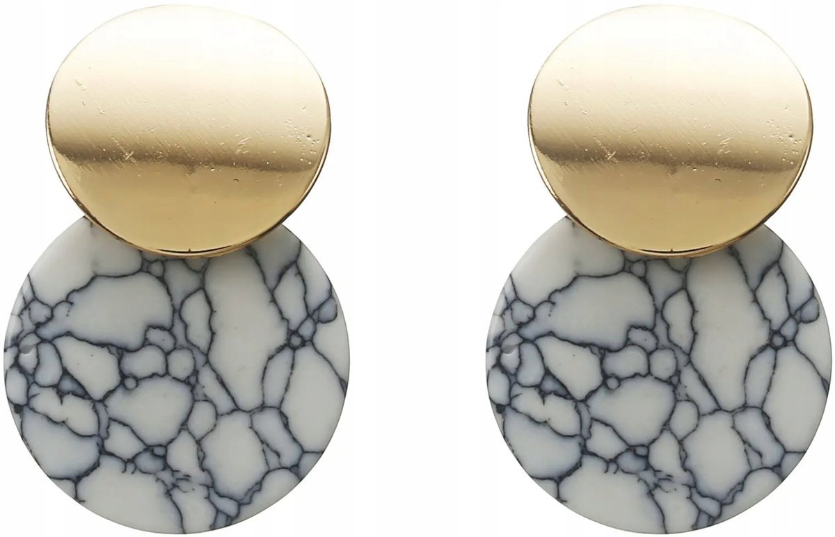 Złote Kolczyki z Białym Marmurowym Kamieniem Eleganckie Lekkie Małe Sztyft