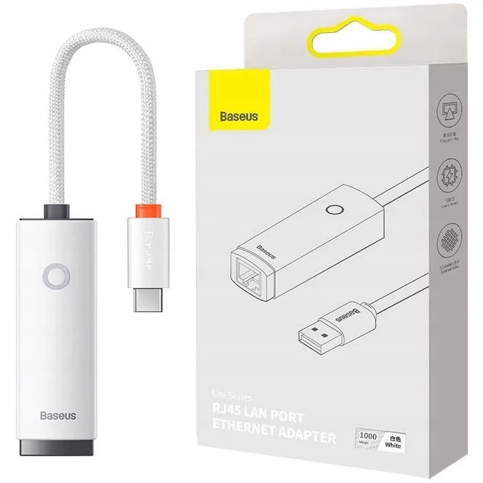 Baseus Lite Series zewnętrzna karta sieciowa USB Typ C - RJ-45 1Gbps (1000Mbps) biały (WKQX000302)