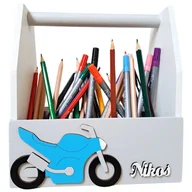 Przyborniki na biurko - Drewniany przybornik na biurko szary z motocyklem dla chłopca - miniaturka - grafika 1