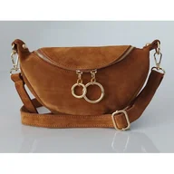 Torebki damskie - Włoska zamszowa listonoszka, nerka Vera Pelle złote okucia kółka Camel LN633C - miniaturka - grafika 1