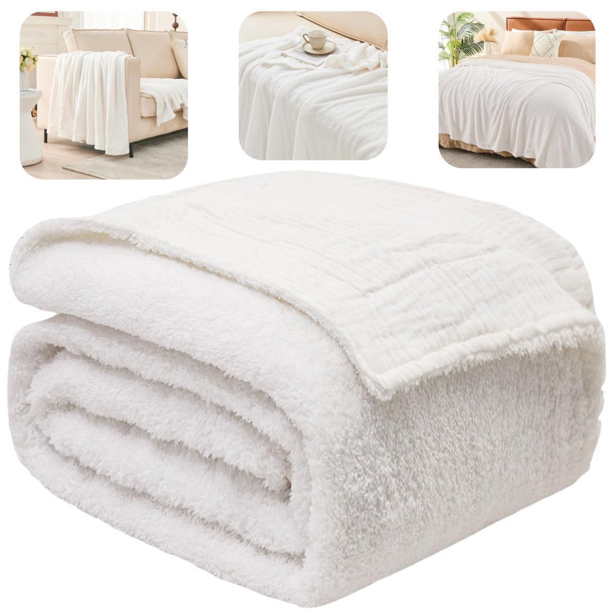 Koc dwustronny 130x150 bawełna polar miękki narzuta kanapa kremowy kocyk