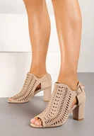 Botki damskie - Beżowe Ażurowe Botki Vices na Obcasie Ozdobione Wycięciem i Klamrą Felindrel - miniaturka - grafika 1