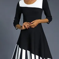 Sukienki - TEMU Sukienka A-line z Kolorowymi Blokami i Okrągłym Dekoltem, Casualowa z Rękawem 3/4 na Wiosnę i Jesień, Odzież Damska - miniaturka - grafika 1