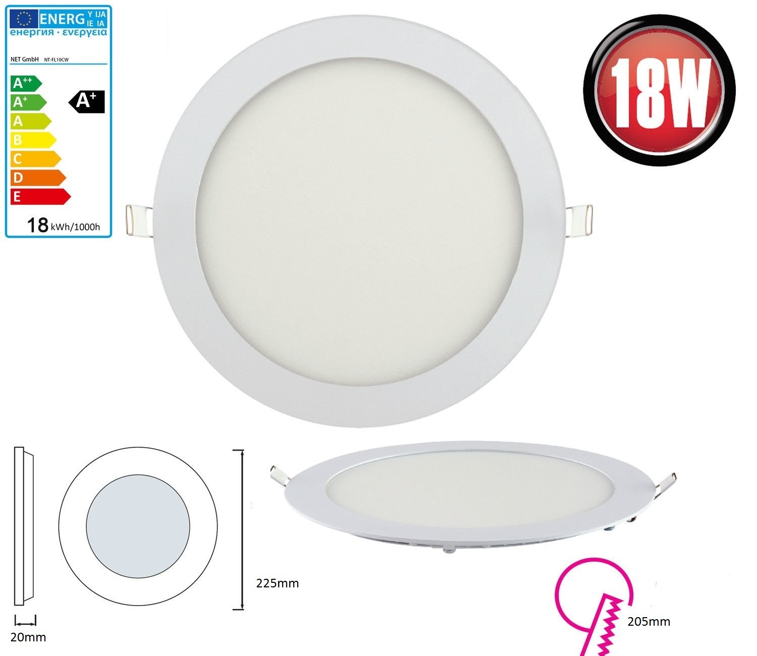 10x 18W panel LED reflektor wpuszczany światło wpuszczane chłodna biel 6500 1360 lumenów lampa sufitowa okrągła