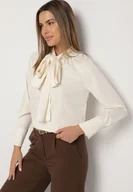 Bluzki damskie - Beżowa Bluzka Vices z Wiązaniem pod Szyją Averile - miniaturka - grafika 1
