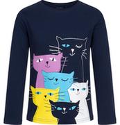 Bluzki dla dziewczynek - T-shirt z długim rękawem dla dziewczynki, z kotami, granatowy, 2-8 lat - miniaturka - grafika 1