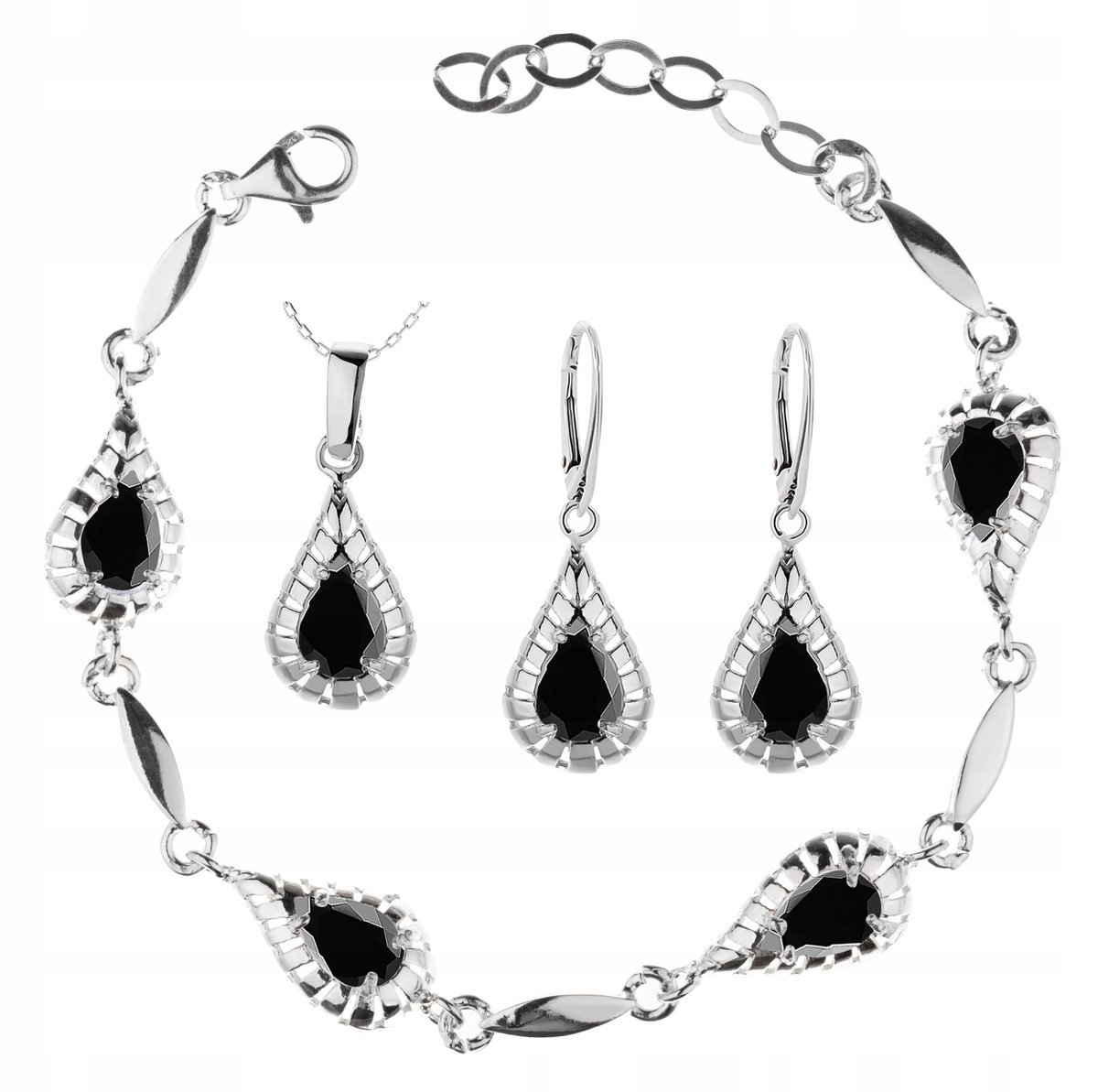 Komplet Biżuterii Łezki Z Czarnymi Cyrkoniami 925!