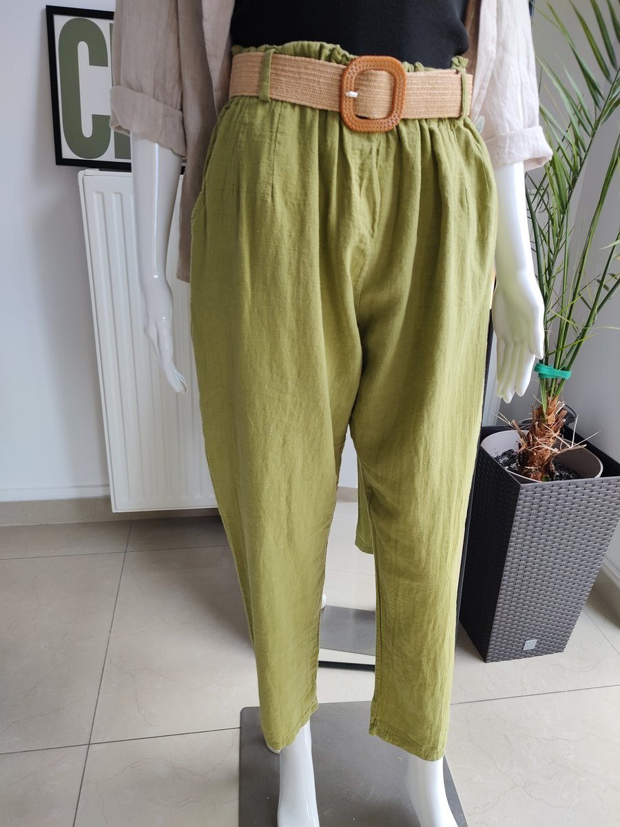 Lniane spodnie z paskiem - oliwkowy One size