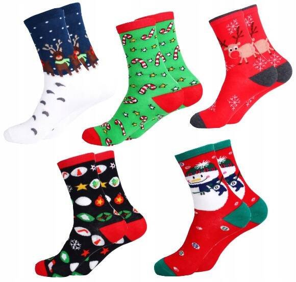 ŚWIĄTECZNE Bawełniane Skarpety MIKOŁAJ RENIFER ŚWIĘTA ŚLICZNE WZORY 5 PAR