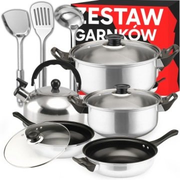 Zestaw Garnków 11 El. Akcesoriów Kuchennych Indukcja Gaz Patelnia Czajnik