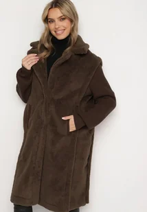 Zielony Futrzany Płaszcz z Dzianinowymi Rękawami Ravienna - Płaszcze damskie - miniaturka - grafika 1