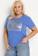 Koszulki i topy damskie - Niebieski Bawełniany T-shirt z Ozdobnym Napisem Floerin - miniaturka - grafika 1