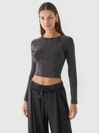 Koszulki i topy damskie - Longsleeve cropped gładki damski 4F 4FRAW24TLONF503-20S Czarny - miniaturka - grafika 1