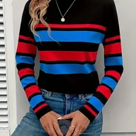 Bluzki damskie - TEMU Modna damska koszulka z długim rękawem z stylowymi, kolorowymi paskami, okrągły dekolt, casualowy top, średnia rozciągliwość, przezroczysty - miniaturka - grafika 1