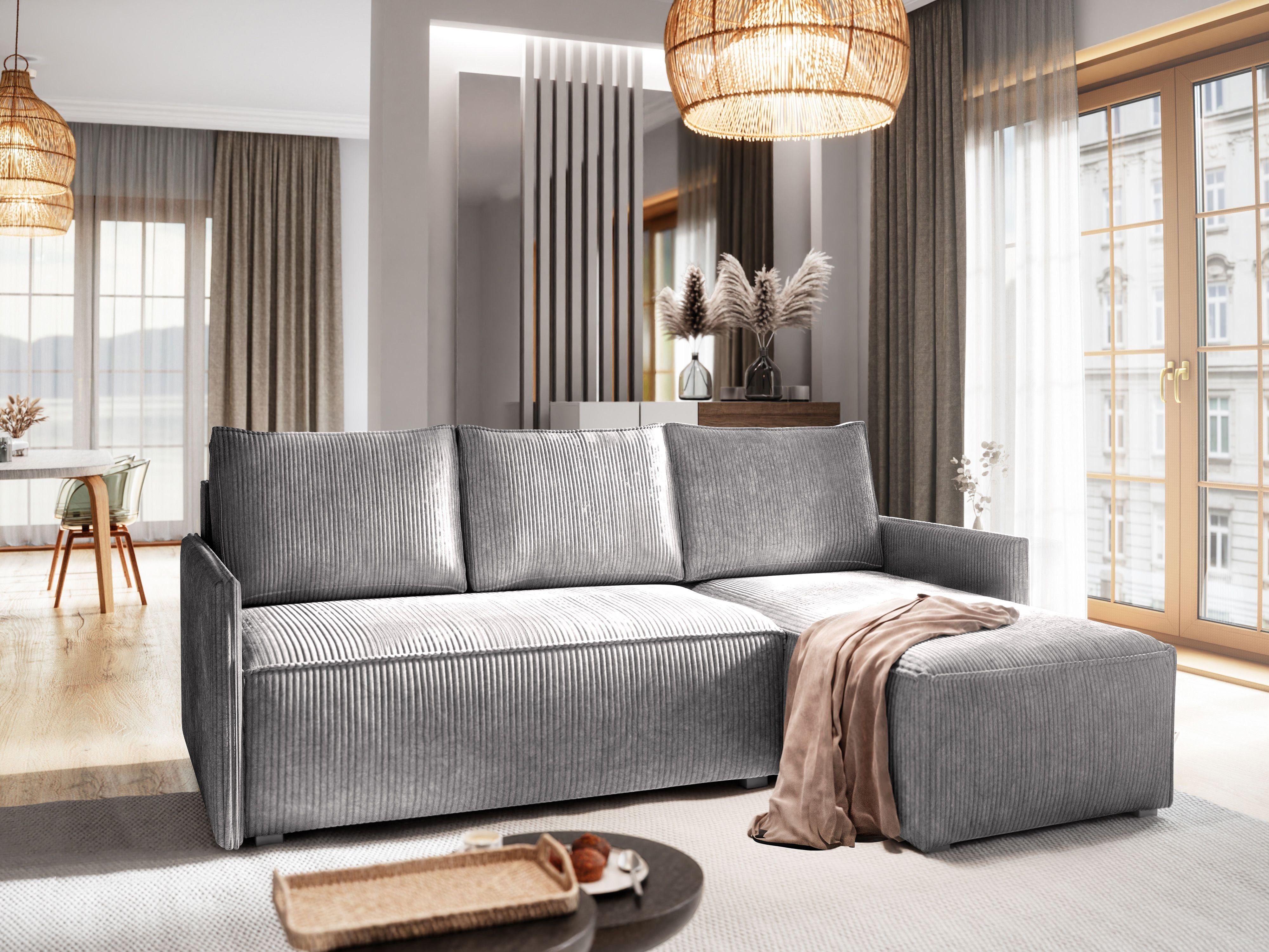 Masseno Narożnik PERUSI z funkcją spania i pojemnikiem na pościel Kształt L, Rozkładana sofa, Rogówka - Jasnoszary, POSO 55