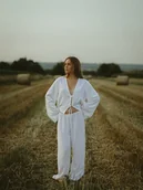 Spodnie sportowe damskie - Białe lniane spodnie Łąkowe z kieszeniami Petite - miniaturka - grafika 1