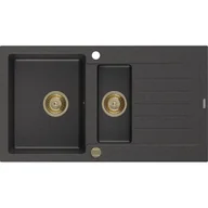 Zlewozmywaki - Mexen Matias zlewozmywak granitowy 1,5-komorowy z ociekaczem 900 x 505 mm, czarny nakrapiany, syfon złoty - miniaturka - grafika 1