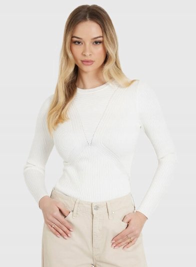 GUESS ECRU DOPASOWANY SWETER Z DŁUGIM RĘKAWEM I AŻUROWYMI WSTAWKAMI M GŁA