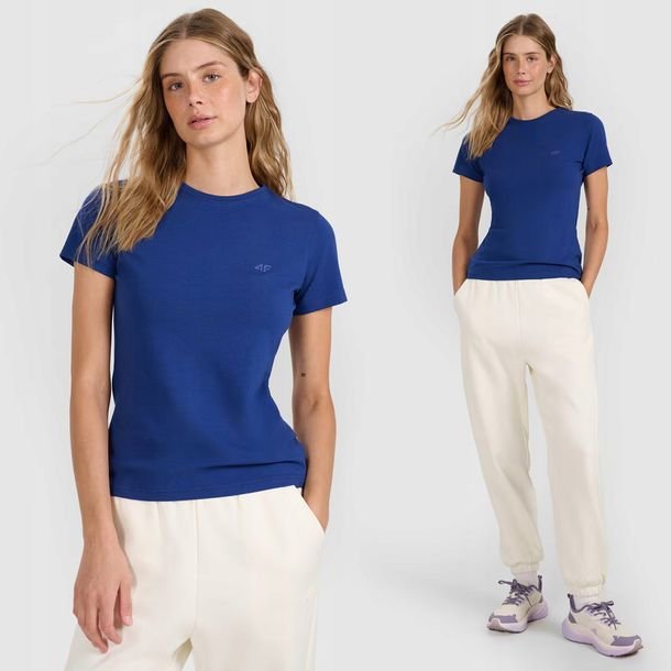 Koszulka Damska 4F T-shirt Slim Fit Gładki Bawełna Klasyczna Granatowa L