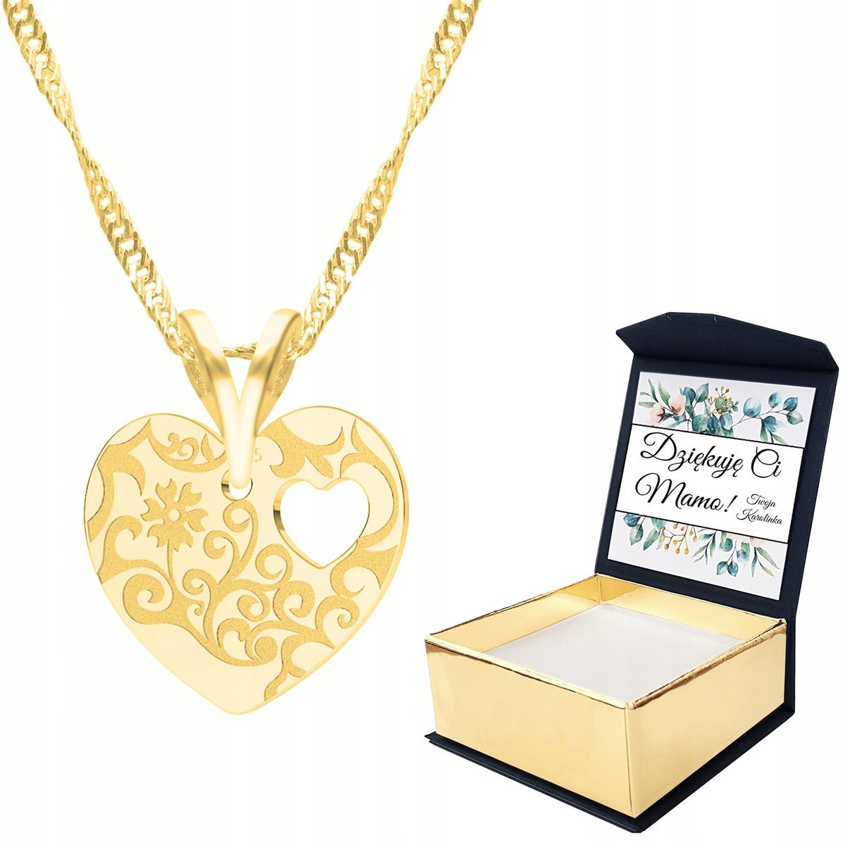 Naszyjnik złoty serce rzeźbione + WŁASNY NADRUK