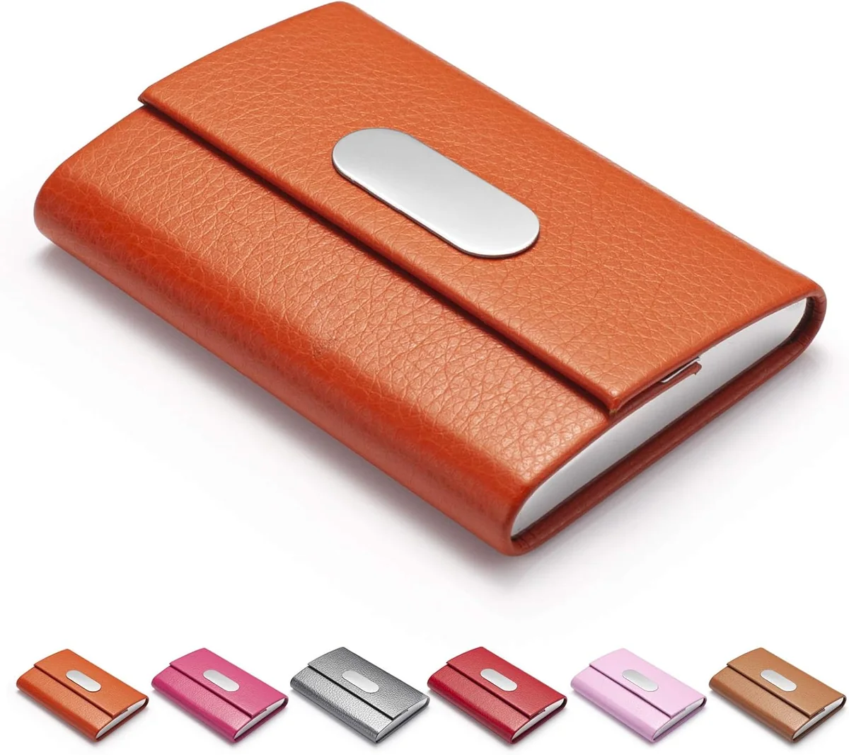 ETUI NA WIZYTÓWKI ZE SKÓRY PU I STALI NIERDZEWNEJ Z MAGNETYKA POMARAŃCZOWE