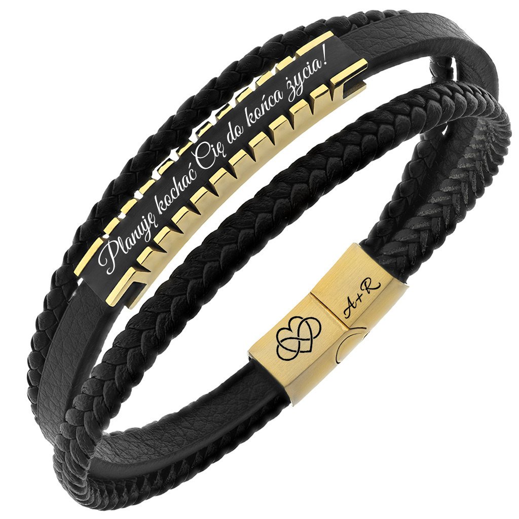 Bransoletka z GRAWEREM męska skóra + stal potrójna