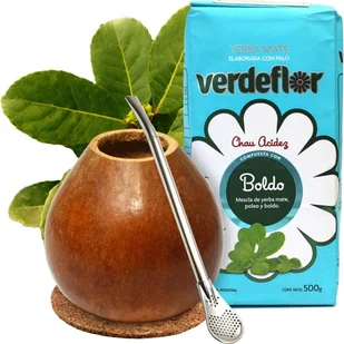 Zestaw do herbaty Yerba Mate ● Herbata Yerba Mate Verdeflor Boldo 500g ● Tradycyjna argentyńska tykwa 150-250ml ● Słomka do picia Bombilla ze stali nierdzewnej - Yerba Mate - miniaturka - grafika 1