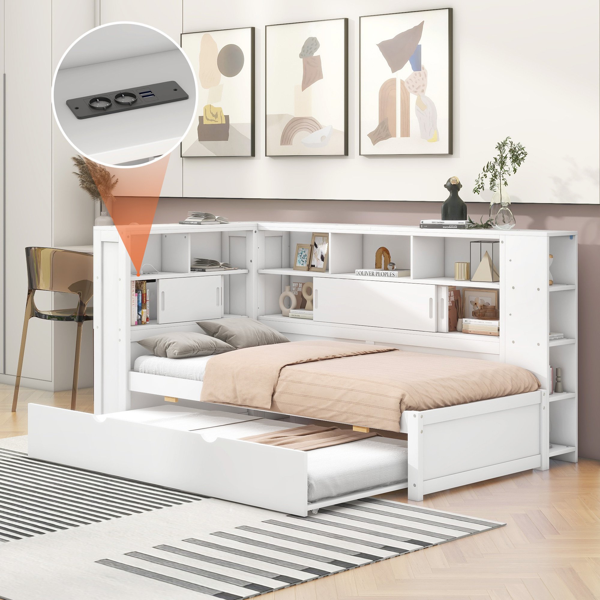 Flieks rozk艂adana sofa z wysuwanym 艂贸偶kiem, 艂贸偶ko pojedyncze z USB i p贸艂k膮, 艂贸偶ko dla go艣ci drewniane z listwow膮 ram膮, 艂贸偶ko m艂odzie偶owe 艂贸偶ko dzieci臋ce 90x200cm/90x190cm, bia艂y