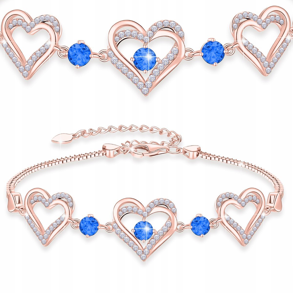 Bransoletka Pozłacana Trzy Serca z Cyrkoniami Niebieskie Serce SREBRO 925