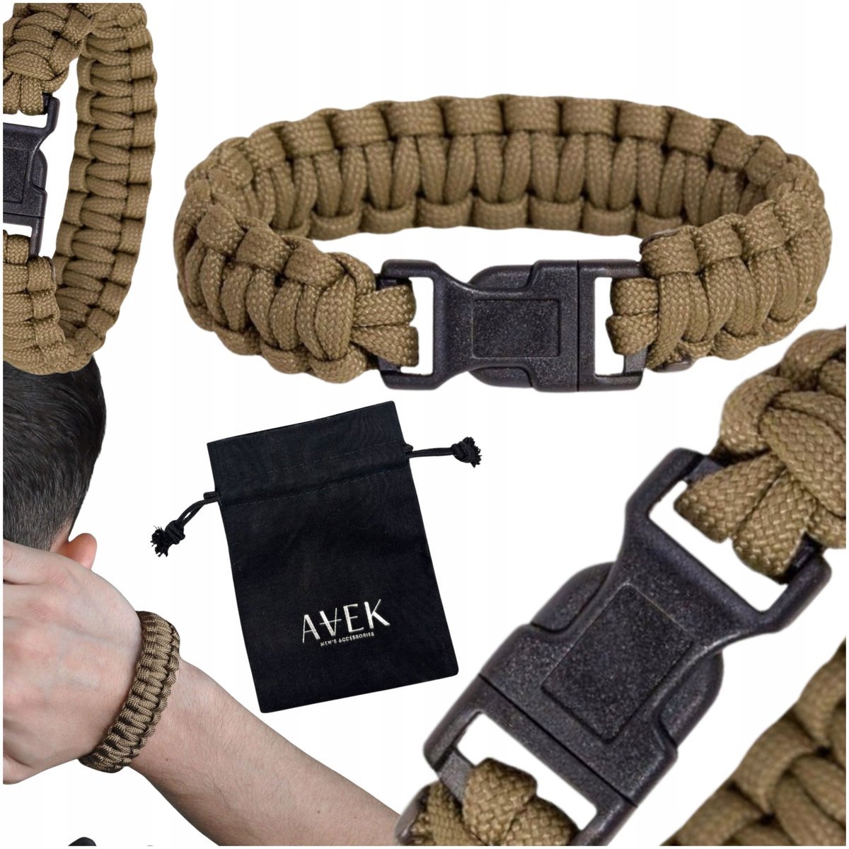 BRANSOLETKA MĘSKA PARACORD SURVIVAL BRĄZOWA WOJSKOWA Z ZAPIĘCIEM NA PREZENT / AVEK