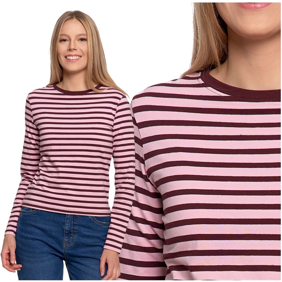 Bluzka Damska w Paski Koszulka z Długim Rękawem Klasyczna Wygodna Moraj XL