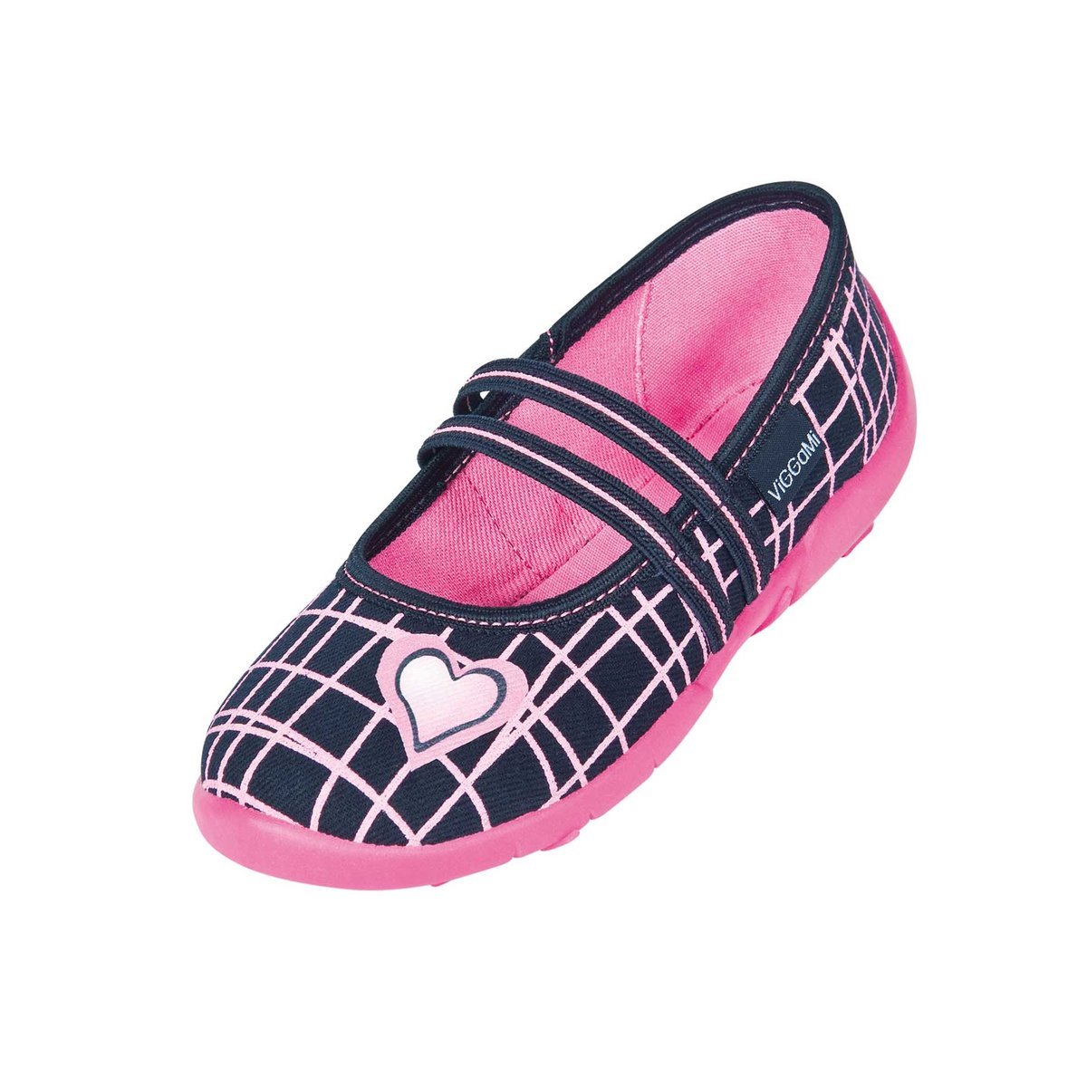 Dziewczęce granatowe kapcie w kratę z nadrukiem serduszka