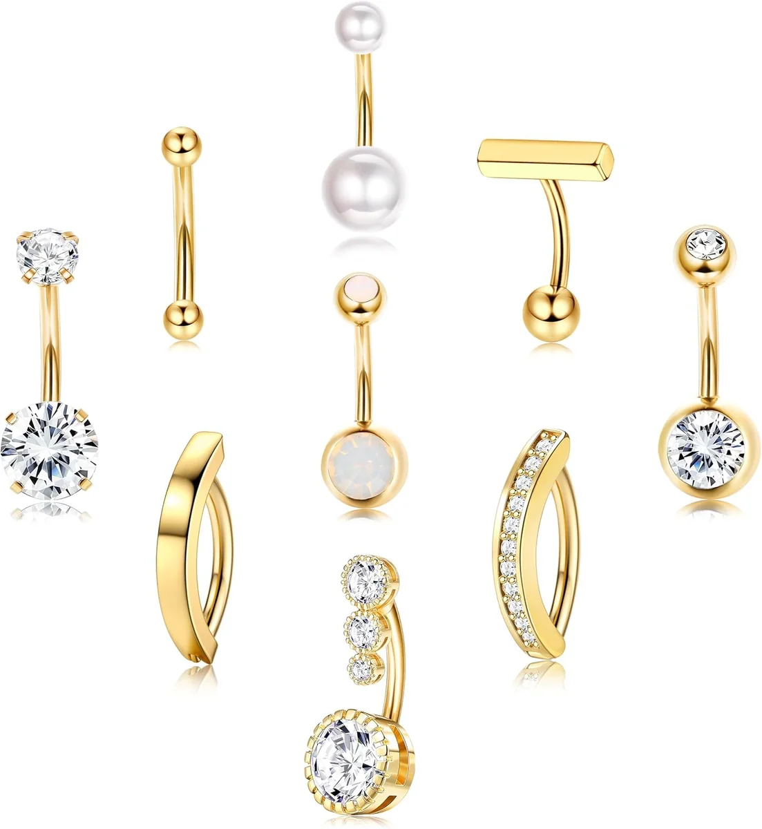 KOLCZYKI 9 SZTUK 10MM 12MM ZŁOTE SREBRNE PIERCING DO PĘPKA STAL