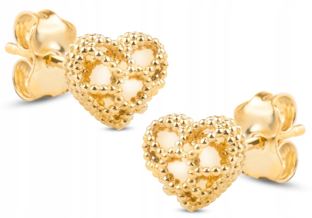 PIĘKNE ZŁOTE KOLCZYKI DIAMENTOWANE AŻUROWE SERDUSZKA SERCA 14KT 585