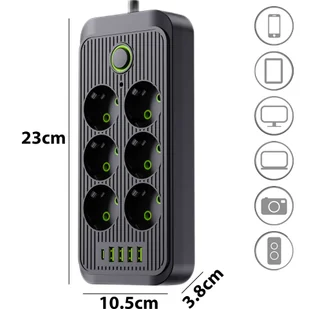 Przedłużacz Listwa zasilająca 6 gniazd gniazdka AC EU 4x USB + USB-C typ C gniazda 2500w Czarny - Listwy zasilające - miniaturka - grafika 4