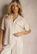 Koszule damskie - Jasnobeżowa Bawełniana Koszula z Lnem o Klasycznym Fasonie Leontia - miniaturka - grafika 1