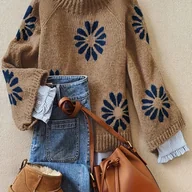 Swetry damskie - TEMU Elegancki sweter damski w kwiaty - Miękki sweter z długim rękawem i brązowym wzorem w kwiaty, przytulny sweter zimowy na co dzień i na specjalne - miniaturka - grafika 1