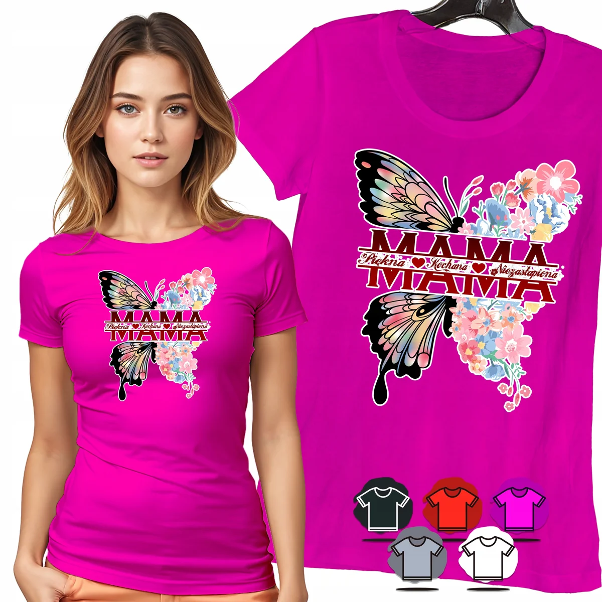 KOSZULKA DAMSKA T-SHIRT - MAMA PIĘKNA KOCHANA MOTYL KWIATY WZÓR MODA - S