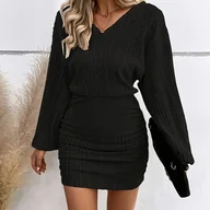 Sukienki - TEMU Kobieca Seksowna Sukienka z Dekoltem w Serek - Obcisła, Elastyczna, Jednokolorowa Czarna, Pranie Maszynowe na Wiosnę/Jesień, Codzienna i - miniaturka - grafika 1