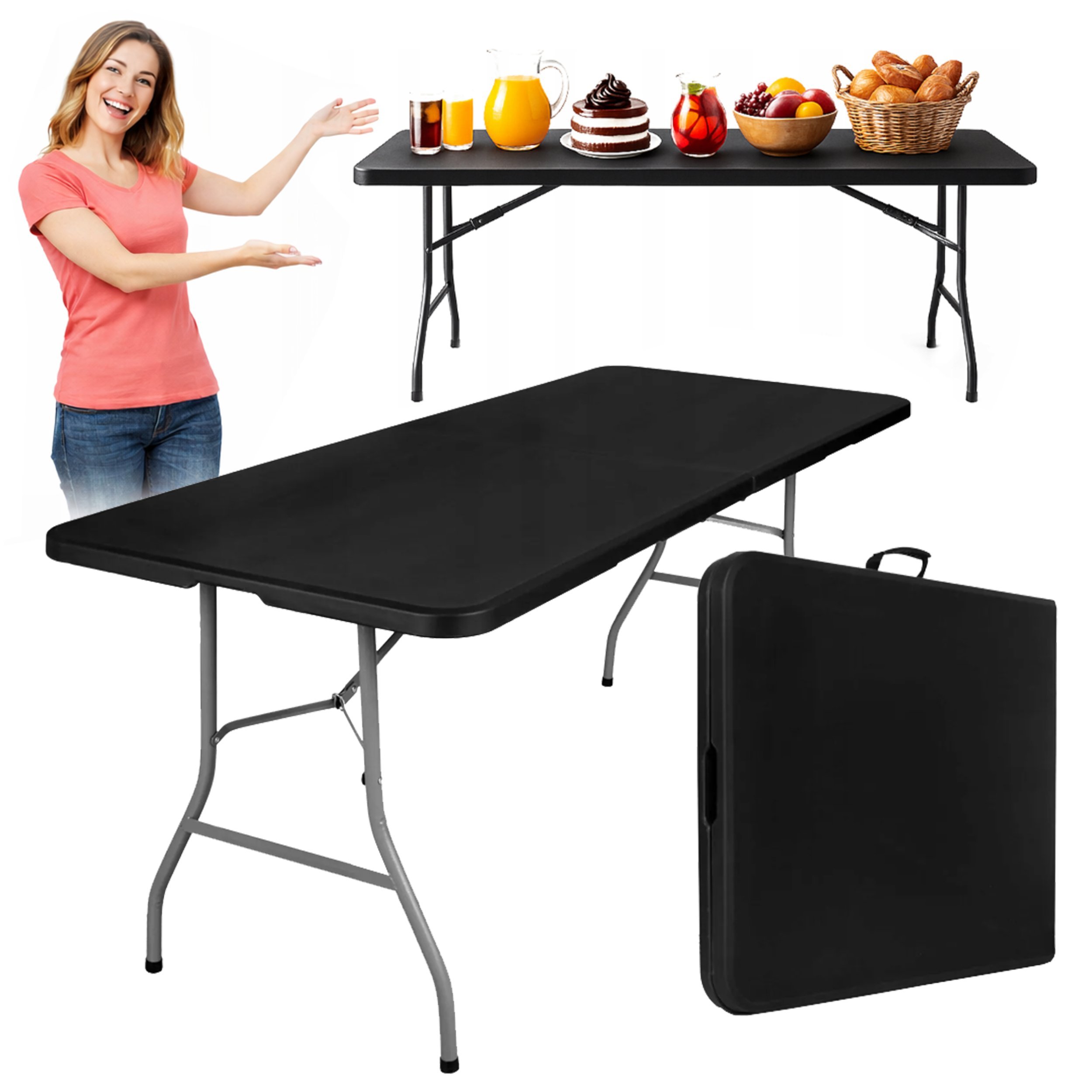 EkoStick Stół Ogrodowy Rozkładany Plastikowy Czarny Cateringowy Bankietowy 180x74cm