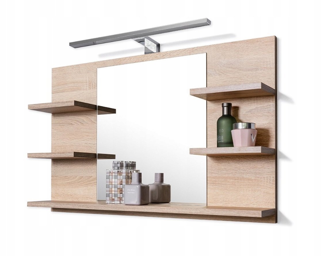 Lustro 80x50 Dąb Sonoma z LED i Półkami – Do Łazienki, Loft Styl