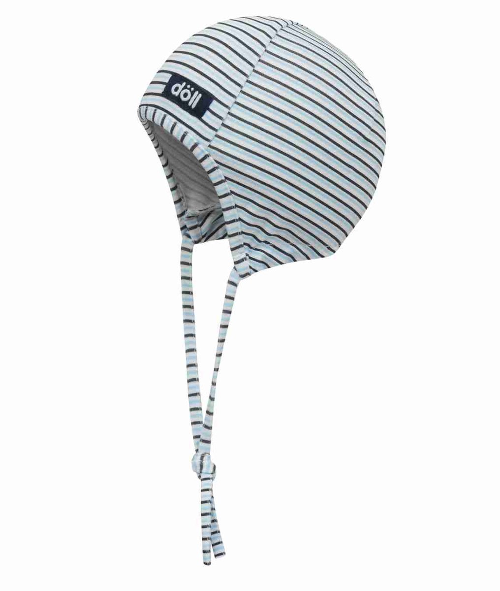 Czapka niemowlęca, niebiesko-biała, wiązana, paski, Döll
