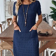 Sukienki - TEMU Elegancka morska szara sukienka midi dla kobiet - krótki rękaw, okrągły dekolt, tekstura prążkowana, swobodny, a jednocześnie stylowy styl, - miniaturka - grafika 1
