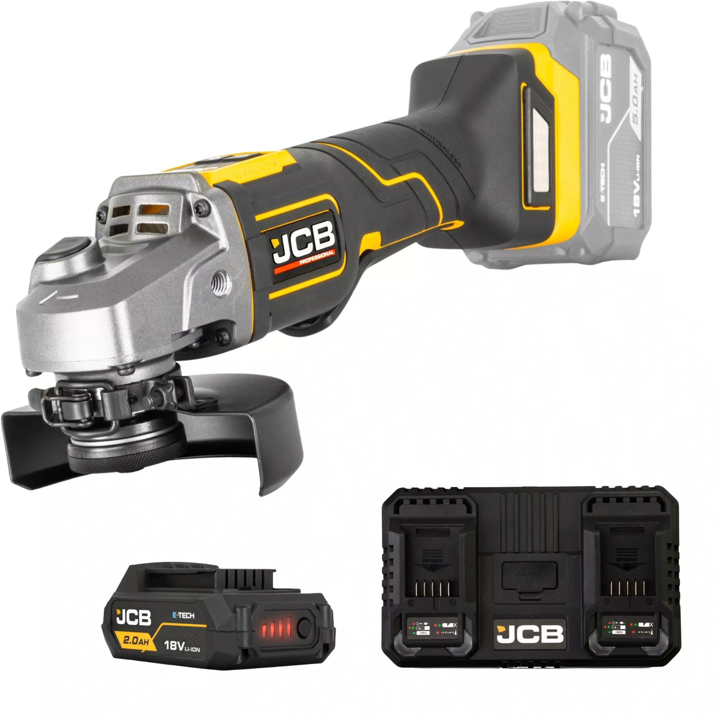 JCB Professional 18V Szlifierka Kątowa 125Mm Dual Charger 4.5A Bateria 2Ah