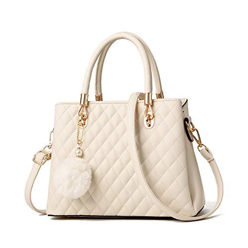 I IHAYNER Damskie skórzane torebki torebki z uchwytem na górze torby tornister torba na ramię dla kobiet z pomponem, biały, M, Współczesny