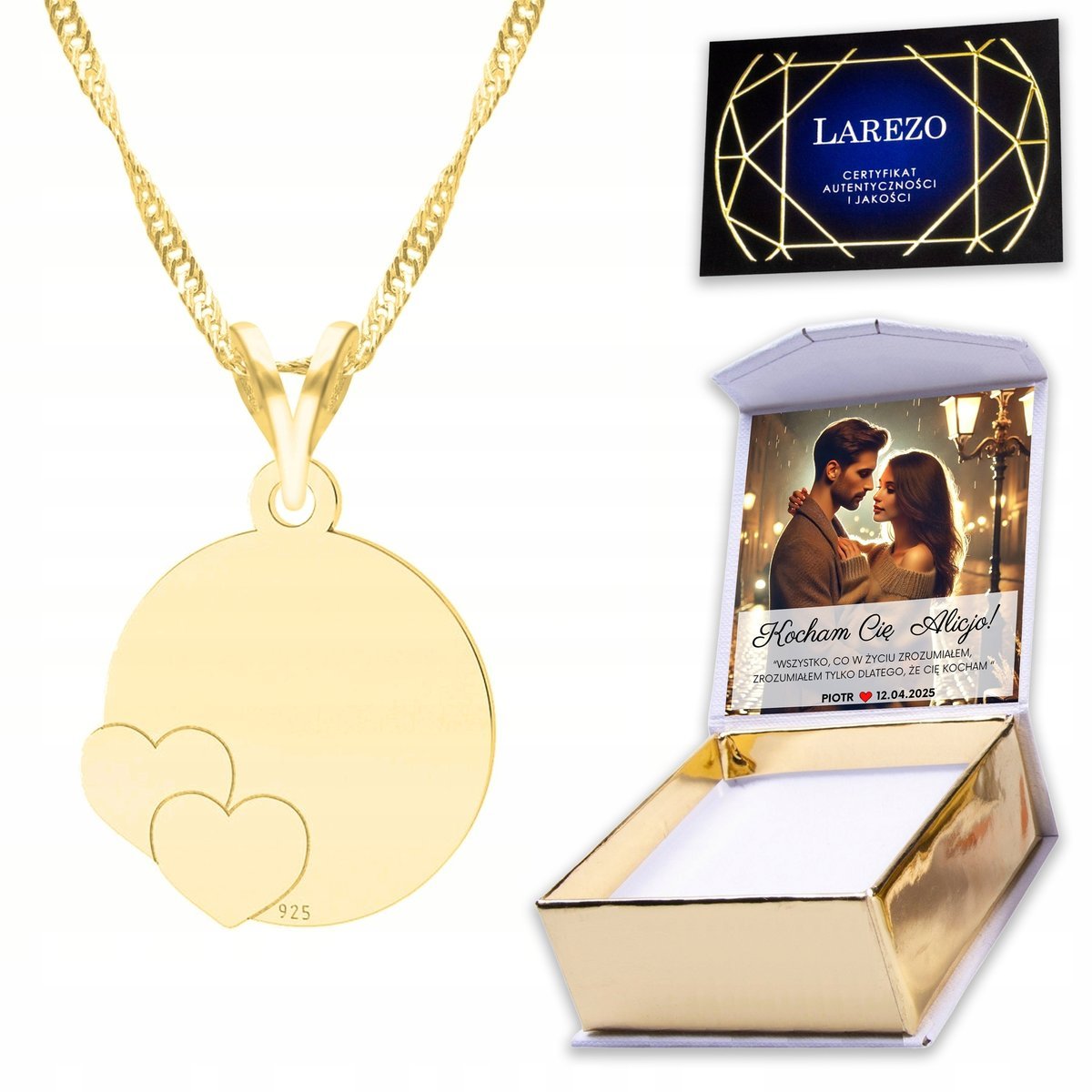 Złoty Naszyjnik 925 Blaszka z Sercem Serduszkiem Serduszko Heart + NADRUK