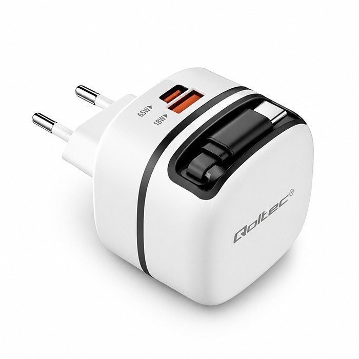 Ładowarka Qoltec Ładowarka sieciowa GaN 65W USB-C PD PPS 5-20V 3-3.25A wysuwany kabel 51784