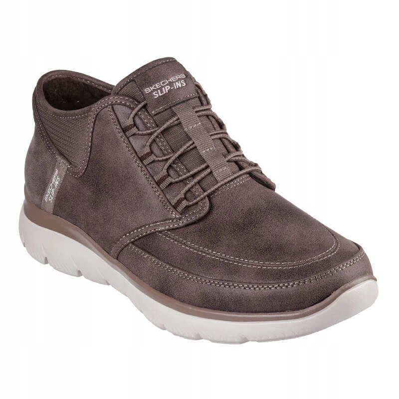 SKECHERS BRĄZOWE MĘSKIE TRZEWIKI Z TEKSTYLIĄ I BIAŁĄ PODESZWĄ 46 1J0A